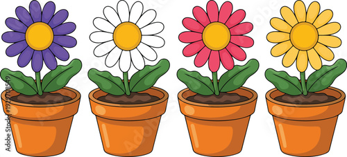 Colorful Cartoon Potted Flowers Collection Vector Illustration Set Featuring Blooming Plants and Decorative Garden Elements for Kids, Home, and Botanical Design Projects