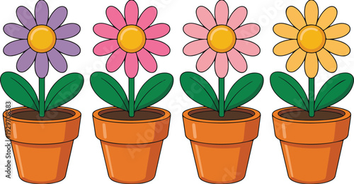 Colorful Cartoon Potted Flowers Collection Vector Illustration Set Featuring Blooming Plants and Decorative Garden Elements for Kids, Home, and Botanical Design Projects