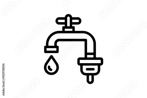 Simple Black Line Drawing of a Leaking Faucet with Water Drop