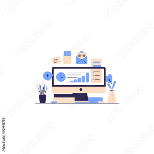 Digital workspace illustration featuring a computer monitor displaying charts and graphs, along with office supplies and a potted plant on a desk, symbolizing remote work and business analytics