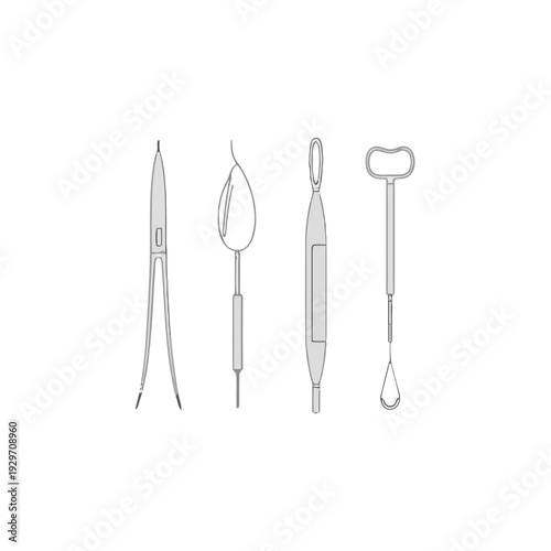 Set of four monochrome illustrations of sculpting tools and drafting compass for artistic creation and precision work