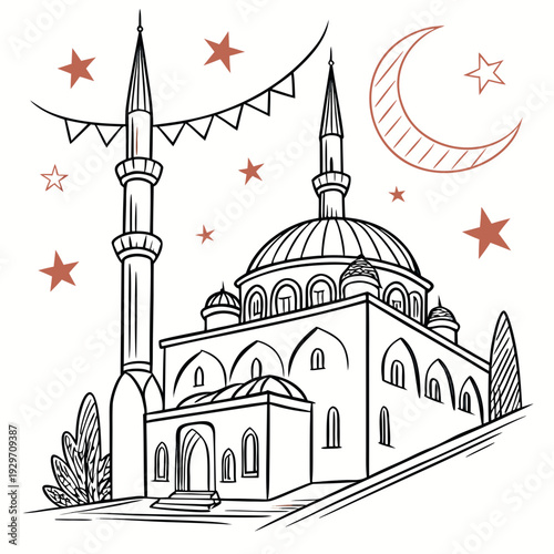 A vector illustration of a hand-drawn-style doodle of an Islamic mosque for Ramadan Kareem and Eid celebrations.