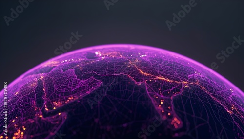A vibrant purple globe with a network of glowing orange lines and dots representing global connections in a dark space.