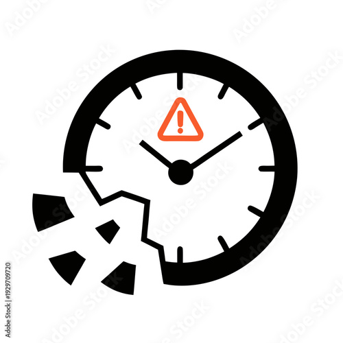 Broken clock with warning sign indicating urgent timing issue