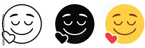 Love emoji icon set, three smiley faces with hearts in minimalist styles, representing affection, romantic emotions, and social interaction for mobile apps and web design