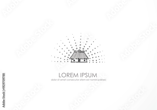 Hand-drawn cozy cottage with playful dotted rays around it. Simple doodle style vector illustration for postcards, posters, stickers, social media and home themed designs.