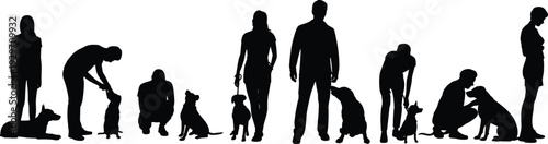 Black silhouettes of people with dogs walking sitting and playing together isolated on white background for pet care and lifestyle