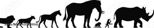 Black silhouettes of wild animals including lion elephant rhino zebra and monkey isolated on white background for nature and safari design