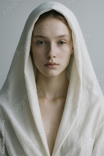 minimalistic portrait of a young woman with a serene and ethereal expression