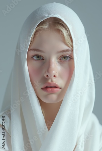 minimalistic portrait of a young woman with a serene and ethereal expression