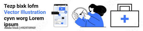 Digital marketing, health apps, human interaction, user interfaces, mobile technology, online healthcare. A phone screen, person holding a wheel and medical kit icon. Health apps and user interfaces
