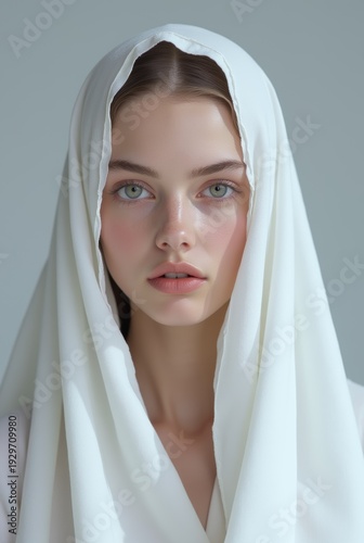 minimalistic portrait of a young woman with a serene and ethereal expression