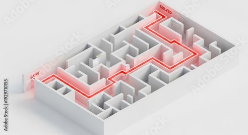 Red glowing path finding solution in a white maze with a solved sign. Artificial intelligence and machine learning concept to explain an AI agent.