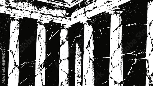 Marble pillars with classical architectural design and cracked textured surfaces in black and white