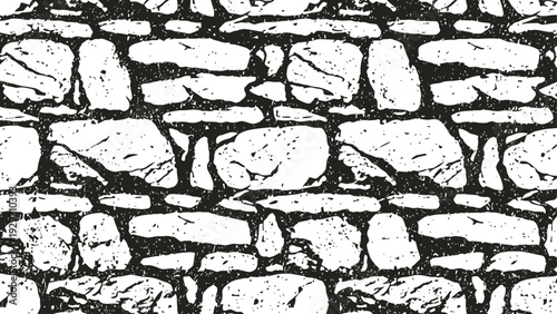 Black and white vintage stone wall pattern rough texture, grunge surface bricks background