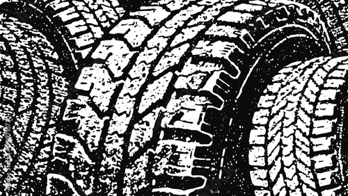 worn vehicle tires with detailed tread patterns stacked closely together in black and white