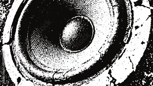 Vintage loudspeaker cone close up in black and white with textured wear and tear details