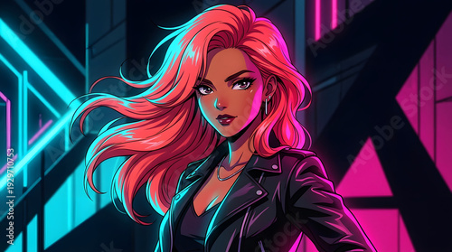 Retro anime illustration of Brazilian woman with pink hair in neon light
