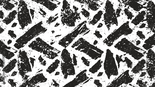 abstract black and white geometric pattern with distressed texture and random shapes for background design