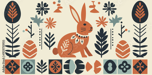 Vibrant illustration of a rabbit surrounded by colorful flowers and geometric patterns on a cream background