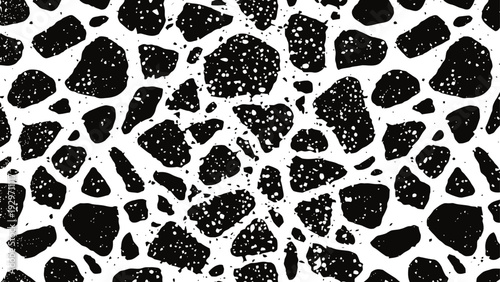 Black and white terrazzo pattern with irregular stone chips scattered on white background