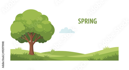Spring Awakening: A vibrant illustration captures the essence of spring with a flourishing tree standing tall, set against a backdrop of rolling green hills, a gentle blue sky, and a playful cloud.