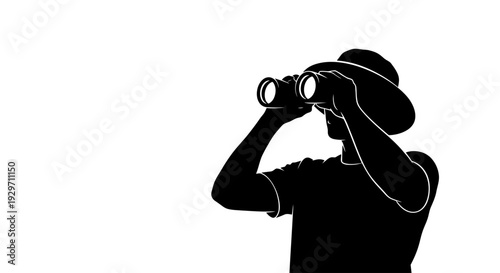 Silhouette of Exploration: A solitary figure, silhouetted against a plain background, gazes intently through binoculars, embodying curiosity and exploration.