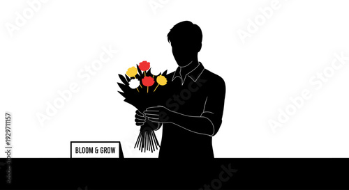 Silhouette Florist with Vibrant Bouquet: A shadowy florist artfully arranging a colorful bouquet of fresh blooms, creating a visual symphony of nature's beauty and elegance.