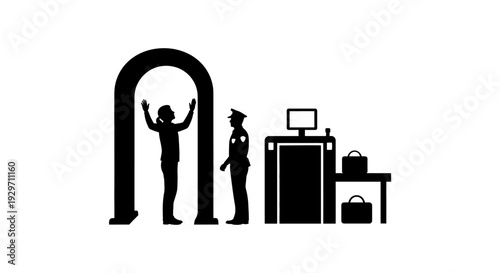 Airport Security Check: Silhouette figures illustrate the process of airport security, highlighting the essential measures taken to ensure safety. 
