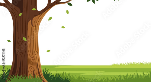 Tranquil Tree on Green: A sturdy tree stands sentinel on a grassy expanse, its branches reaching towards the sky, with falling leaves of emerald, under the sun.