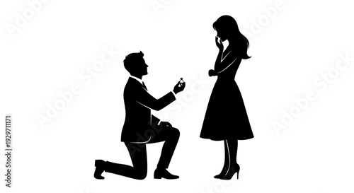 Silhouette of a Proposal: A man kneels, presenting a ring to a woman in a silhouette, a timeless symbol of love, commitment, and new beginnings.
