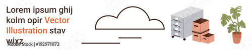 Cloud storage, organization solutions, office data, digital database, workspace decor, archiving systems. Filing cabinet, boxes cloud icon and plant. Cloud storage and organization solutions