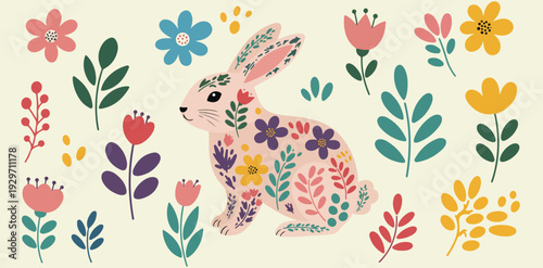 Colorful floral rabbit surrounded by tulips and flowers on white background