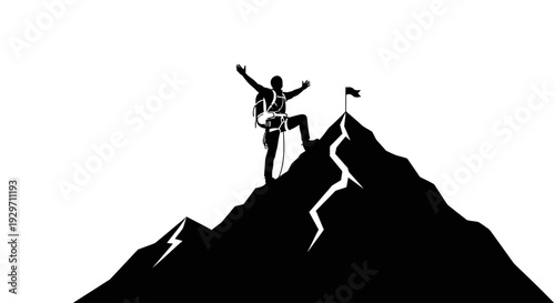 Conquering Heights: A silhouette of a triumphant climber stands atop a jagged peak, flag in hand, symbolizing ambition, achievement, and overcoming obstacles.