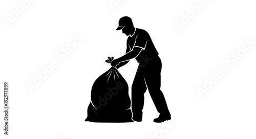Man with Trash Bag: Silhouette of a man efficiently gathering a large trash bag. This image conveys the simplicity and importance of waste disposal and environmental responsibility.