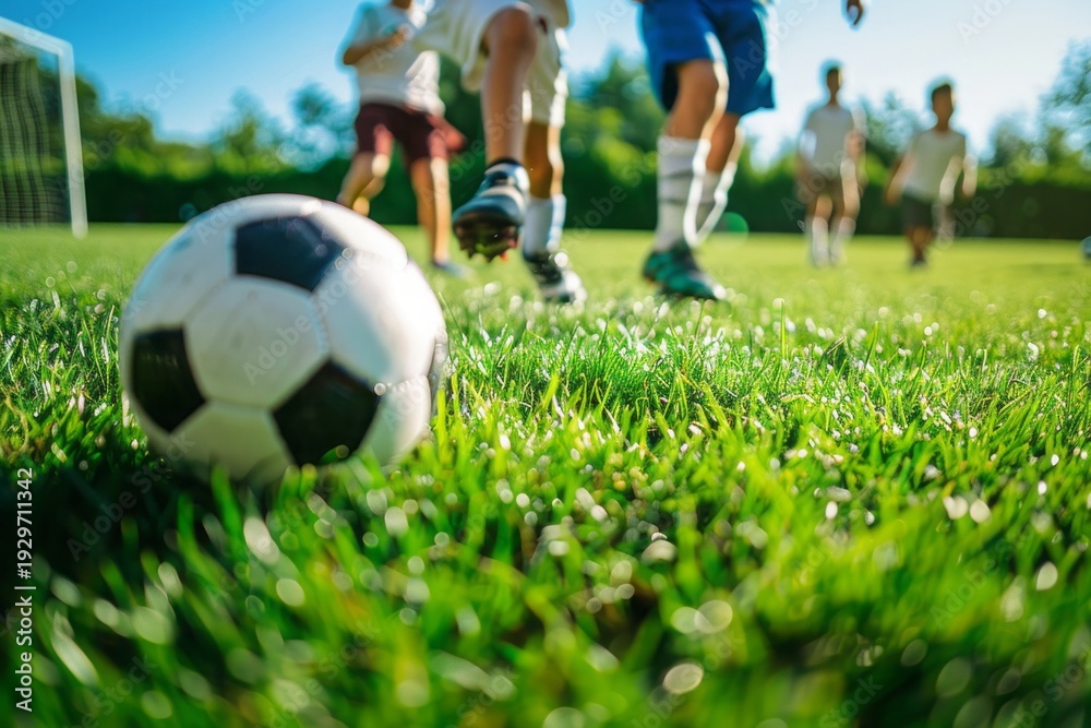 Obraz premium close up of children in a soccer practice, kicking balls on a green field with bright, sunny weather 