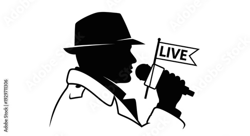 On-Air Silhouette: A determined reporter, captured in silhouette, speaks into a microphone while holding a LIVE flag, exuding an air of professionalism and imparting the essence of broadcasting.