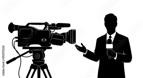 News Anchor Silhouette with Camera: A silhouette of a news anchor stands beside a professional video camera and tripod, delivering the latest updates.