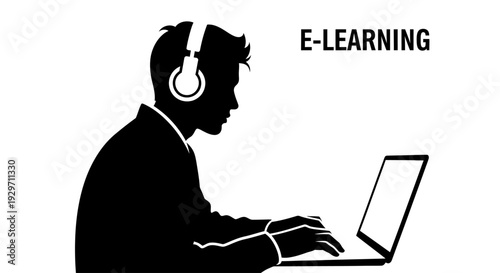 E-Learning Silhouette: A silhouette of a learner engrossed in e-learning with a laptop and headphones, highlighting modern educational methods.