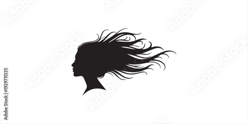 Elegant silhouette of a woman in profile with long flowing hair blowing in the wind isolated on a plain white background for beauty.