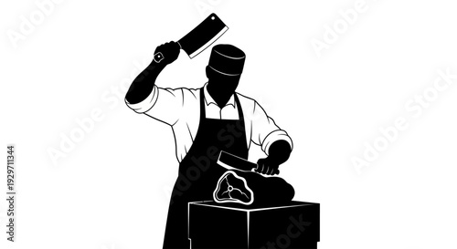 Artisan Butcher at Work: A silhouetted image captures the skill of an artisan butcher as he expertly prepares a cut of meat using cleavers, symbolizing precision and traditional craftsmanship.