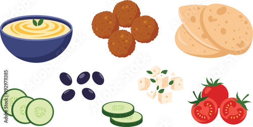 Healthy mediterranean food elements, hummus, falafel, olives, feta cheese, cucumber, tomatoes