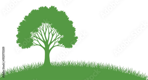 Green Tree Silhouette: A minimalistic portrayal of a vibrant green tree, its form suggesting growth and life, set against a simple backdrop of grass, epitomizing the serenity of the environment.
