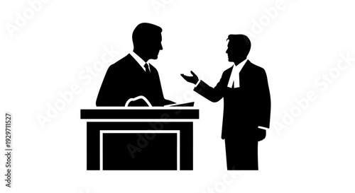 Legal Counsel: A minimalist depiction of two figures engaged in a serious discussion, likely in a courtroom setting, capturing the essence of legal counsel.