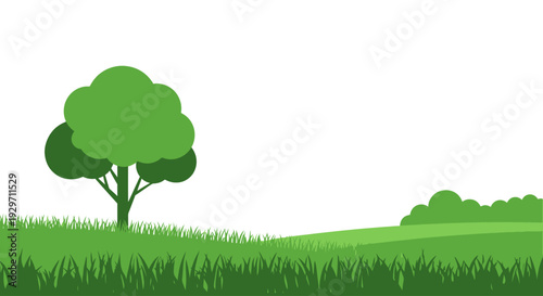 Serene Green Landscape: A tranquil illustration featuring a lush green field and a solitary tree, evoking a sense of calm and natural beauty.