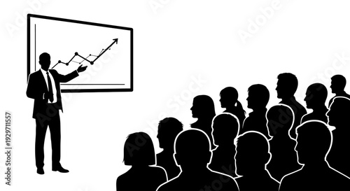 Visionary's Insights: Silhouette of a presenter, highlighting data on a board to an audience, conveying insightful knowledge and a strong sense of purpose.