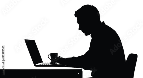 Silhouette vector graphic illustration of a focused man working intensely on a laptop computer holding a mug