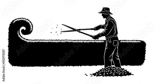 Gardener Pruning a Topiary: Silhouette of a gardener meticulously pruning a lush topiary, with precise cuts shaping the foliage into a perfect form, a testament to skill and patience.