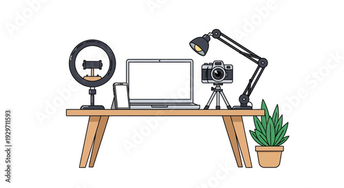 Recording Setup: Illustration of a modern desk studio set up, with a ring light, camera, laptop, phone, lamp and potted plant ready to create. 