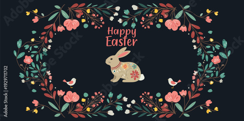 Whimsical easter bunny surrounded by colorful flowers and foliage on black background